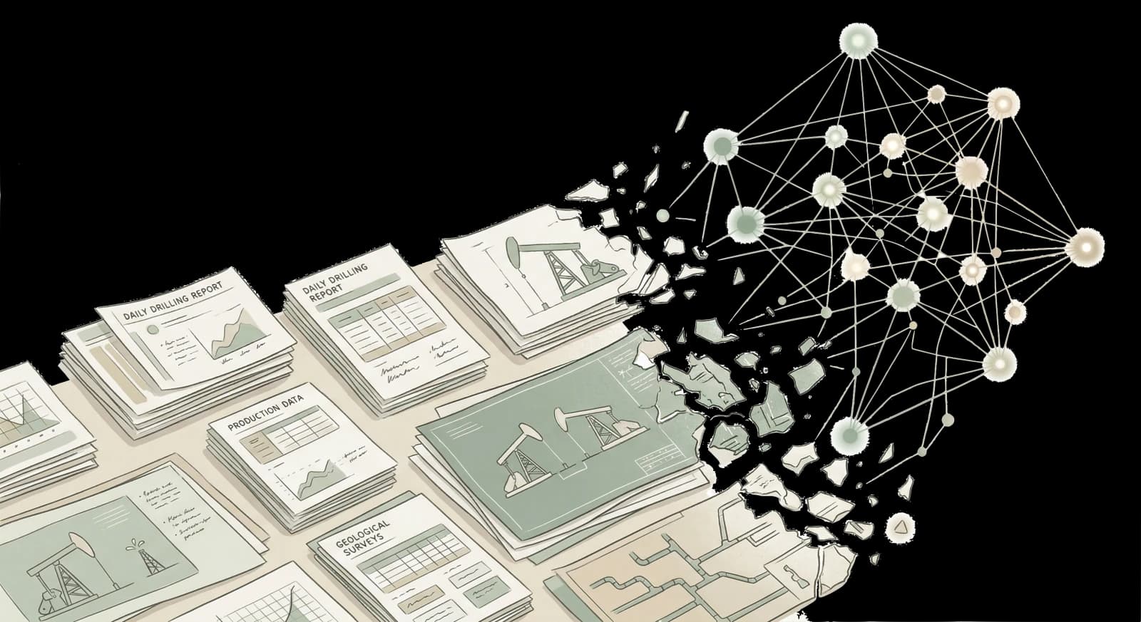 Illustration of manual field documents transforming into a connected AI workflow